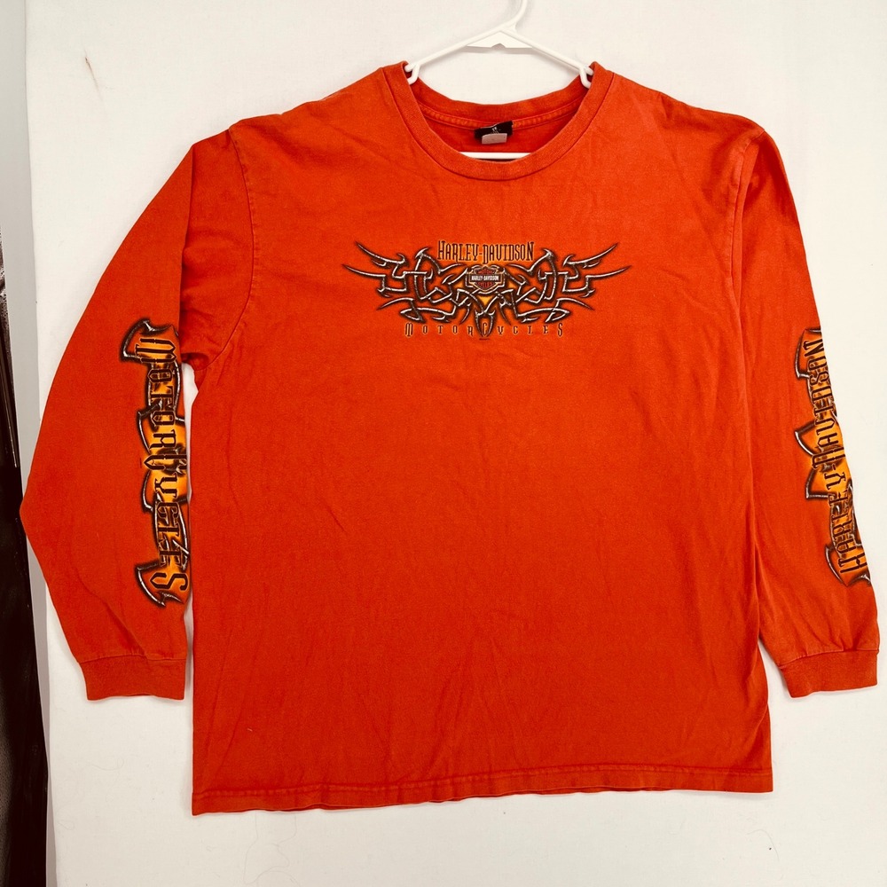 Harley-Davidson T-Shirt Mens 2X Orange Long Sleeve Tribal The Shop Canada USA